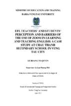 Efl teachers' and students' perception and barriers of the use of zoom in learning and teaching eglish a case student at chau thanh secondary school master of tesol
