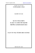 Luận văn thạc sĩ khoa học giáo dục quản lý hoạt động tự học của sinh viên nội trú trường cao đẳng hàng hải i