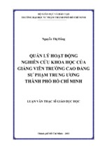 Quản lý hoạt động nghiên cứu khoa học của giảng viên trường cao đẳng sư phạm trung ương thành phố hồ chí minh