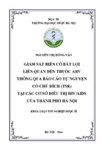 Giám sát biến cố bất lợi liên quan đến thuốc arv thông qua báo cáo tự nguyện có chủ đích (tsr) tại các cơ sở điều trị hiv aids của thành phố hà nội.encrypted