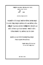 Nghiên cứu đặc điểm nông sinh học và giá trị chọn giống của 06 dòng lúa được tạo ra bằng phương pháp lai hữu tính tại cao minh   phúc yên   vĩnh phúc vụ đông xuân 2015