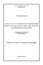 Lkt vũ thị thùy linh ưu đãi thuế thu nhập doanh nghiệp theo pháp luật việt nam và thực tiễn áp dụng tại thanh phố hải dương