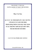 Quản lý sự phối hợp giữa nhà trường với đoàn tncs hồ chí minh trong hoạt động giáo dục học sinh ở các trường thpt huyện hóc môn, thành phố hồ chí minh