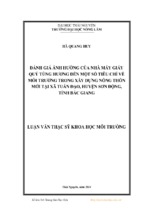 đánh giá ảnh hưởng của nhà máy giấy quý tùng hương đến một số tiêu chí về môi trường trong xây dựng nông thôn mới tại xã tuấn đạo, huyện sơn động, tỉnh bắc giang