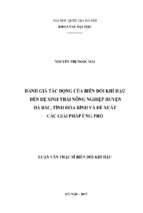 đánh giá tác động của biến đổi khí hậu đến hệ sinh thái nông nghiệp huyện đà bắc, tỉnh hòa bình và đề xuất các giải pháp ứng phó