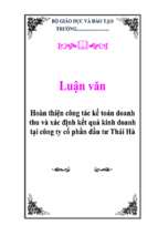 Luận văn Hoàn thiện công tác kế toán doanh thu và xác định kết quả kinh doanh tại công ty cổ phần đầu tư Thái Hà