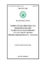 Nghiên cứu đặc điểm thực vật, thành phần hóa học và một số tác dụng sinh học của cây thuốc thượng (phaeanthus vietnamensis ban, họ naannonaceae)