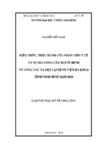 Kiến thức, thực hành của nhân viên y tế và sự hài lòng của người bệnh về công tác xã hội tại bệnh viện đa khoa tỉnh ninh bình, năm 2018.
