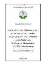 Nghiên cứu đặc điểm thực vật và thành phần tinh dầu của cây riềng dài lông mép (alpinia blepharocalyx k. schum. var. blepharocalyx), họ gừng (zingiberaceae)