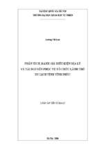 Phân tích, đánh giá điều kiện địa lý và tài nguyên phục vụ tổ chức lãnh thổ du lịch tỉnh vĩnh phúcluận án ts. kiểm soát và bảo vệ môi trường62 85 01 01