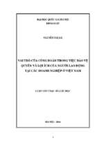 Vai trò của công đoàn trong việc bảo vệ quyền và lợi ích của người lao động tại các doanh nghiệp ở việt nam luận văn ths.luật kinh tế 60 38 50