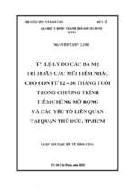 Tỷ lệ lý do các bà mẹ trì hoãn các mũi tiêm nhắc cho con từ 12 – 36 tháng tuổi trong chương trình tiêm chủng mở rộng và các yếu tố liên quan tại quận thủ đức, tp.hcm