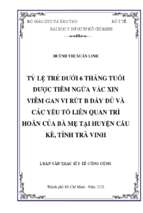 Tỷ lệ trẻ dưới 6 tháng tuổi được tiêm ngừa vắc xin viêm gan vi rút b đầy đủ và các yếu tố liên quan trì hoãn của bà mẹ tại huyện cầu kè, tỉnh trà vinh