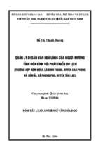 Quản lý di sản văn hóa làng của người mường tỉnh hòa bình với phát triển du lịch trường hợp xóm mỗ 2 xã bình thanh huyện cao phong và xóm ải xã phong phú huyện tân lạc