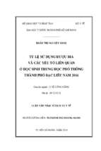 Tỷ lệ sử dụng rượu bia và các yếu tố liên quan ở học sinh trung học phổ thông thành phố bạc liêu năm 2016