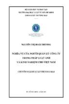 Nghĩa vụ của người quản lý công ty trong pháp luật anh và kinh nghiệm cho việt nam