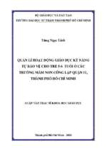 Quản lí hoạt động giáo dục kỹ năng tự bảo vệ cho trẻ 5 6 tuổi ở các trường mầm non công lập quận 11, thành phố hồ chí minh 