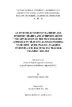 An investigation into teachers' and students' beliefs and attitudes about the application of of the process genre approach to teaching business writing to second   year enghlish   majored students at ba