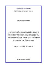 Các nhân tố ảnh hưởng đến hành vi tuân thủ thuế của doanh nghiệp tại thành phố hồ chí minh – xét trên khía cạnh nộp thuế đúng hạn