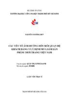 Các yếu tố ảnh hưởng đến mối quan hệ khách hàng và ý định mua sắm sản phẩm thời trang việt nam