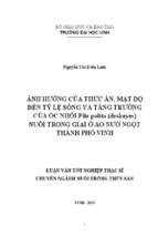 Ảnh hưởng của mật độ, thức ăn đến tỉ lệ sống và tăng trưởng của ốc nhồi pila polita ( deshayse) nuôi trong giai ở ao nước ngọt thành phố vinh   