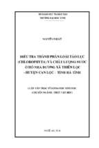 Điều tra thành phần loài tảo lục (chlorophyta) và chất lượng nước ở hồ nhà đường xã thiên lộc   huyện can lộc   tỉnh hà tĩnh   