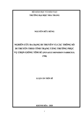 Nghiên Cứu Đa Dạng Di Truyền Và Các Thông Số Di Truyền Theo Tính Trạng Tăng Trưởng Phục Vụ Chọn Giống Tôm Sú (Penaeus Monodon Fabricius, 1798)