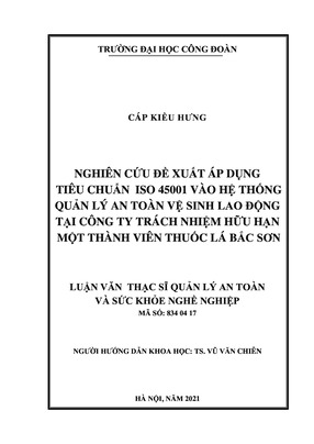 Nghiên Cứu Đề Xuất Áp Dụng Tiêu Chuẩn Iso 45001 Vào Hệ Thống Quản Lý An Toàn Vệ Sinh Lao Động Tại Công Ty Trách Nhiệm Hữu Hạn Một Thành Viên Thuốc Lá Bắc Sơn