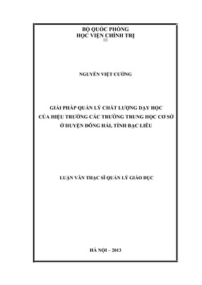 Giải Pháp Quản Lý Chất Lượng Dạy Học Của Hiệu Trưởng Các Trường Trung Học Cơ Sở Ở Huyện Đông Hải, Tỉnh Bạc Liêu