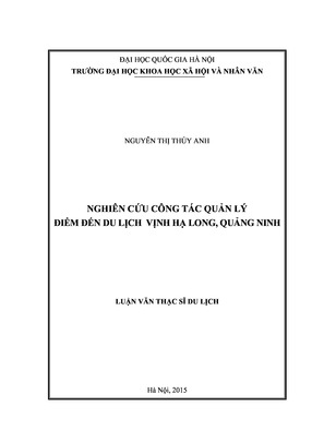 Nghiên Cứu Công Tác Quản Lý Điểm Đến Du Lịch Vịnh Hạ Long, Quảng Ninh