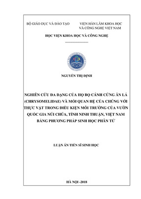 Nghiên Cứu Đa Dạng Của Họ Bọ Cánh Cứng Ăn Lá (Chrysomelidae) Và Mối Qjuan Hệ Của Chúng Với Thực Vật Trong Điều Kiện Môi Trường Vườn Quốc Gia Núi Chúa, Tỉnh Ninh Thuận Bằng Phương Pháp Sinh Học Phân Tử