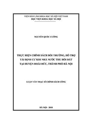 Thực Hiện Chính Sách Bồi Thường, Hỗ Trợ Tái Định Cư Khi Nhà Nước Thu Hồi Đất Tại Huyện Hoài Đức, Thành Phố Hà Nội