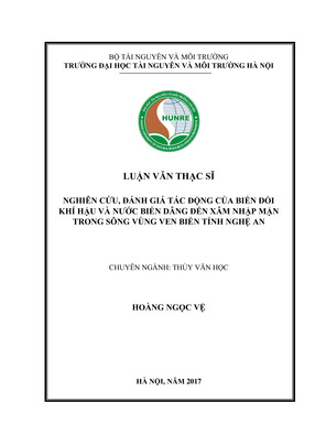 Nghiên Cứu Đánh Giá Tác Động Của Biến Đổi Khí Hậu Và Nước Biển Dâng Đến Xâm Nhập Mặn Trong Sông Vùng Ven Biển Tỉnh Nghệ An