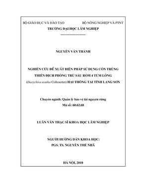 Nghiên Cứu Đề Xuất Biện Pháp Sử Dụng Côn Trùng Thiên Địch Phòng Trừ Sâu Róm 4 Túm Lông Hại Thông Tại Tỉnh Lạng Sơn