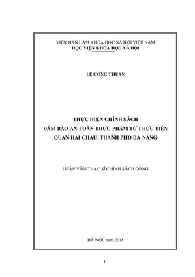 Thực Hiện Chính Sách Đảm Bảo An Toàn Thực Phẩm Từ Thực Tiễn Quận Hải Châu, Thành Phố Đà Nẵng