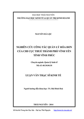 Nghiên Cứu Công Tác Quản Lý Hóa Đơn Của Chi Cục Thuế Thành Phố Vĩnh Yên, Tỉnh Vĩnh Phúc