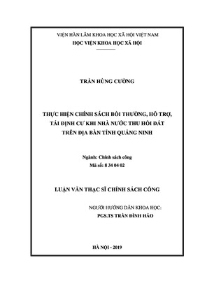 Thực Hiện Chính Sách Bồi Thường, Hỗ Trợ, Tái Định Cư Khi Nhà Nước Thu Hồi Đất Trên Địa Bàn Tỉnh Quảng Ninh