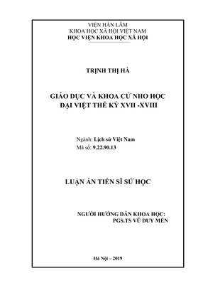 Giáo Dục Và Khoa Cử Nho Học Đại Việt Thế Kỷ Xvii - Xviii